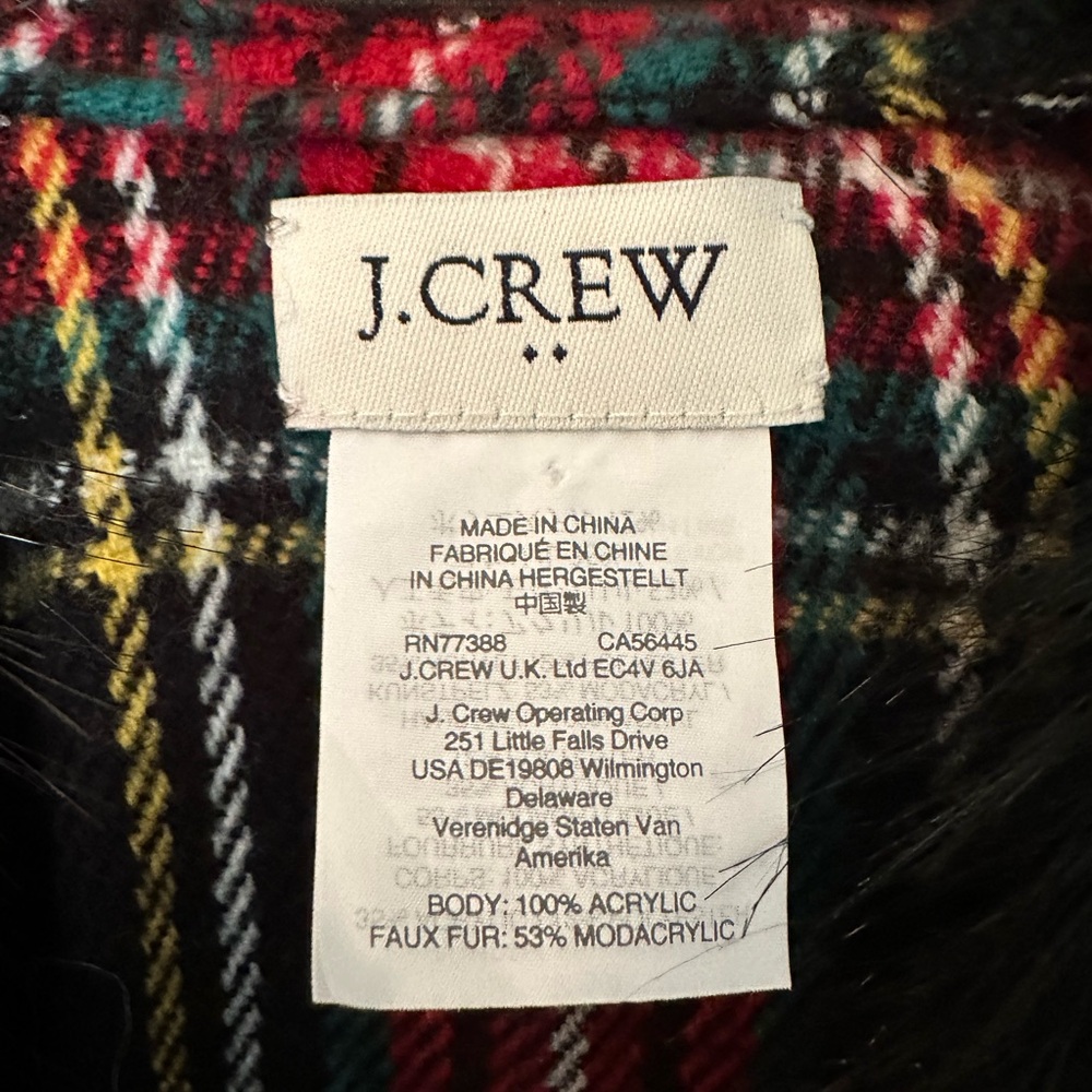 J. Crew Faux Fur and Holiday Wool Plaid Fringe Shawl, Wrap, Cape, OS - Picture 2 of 3